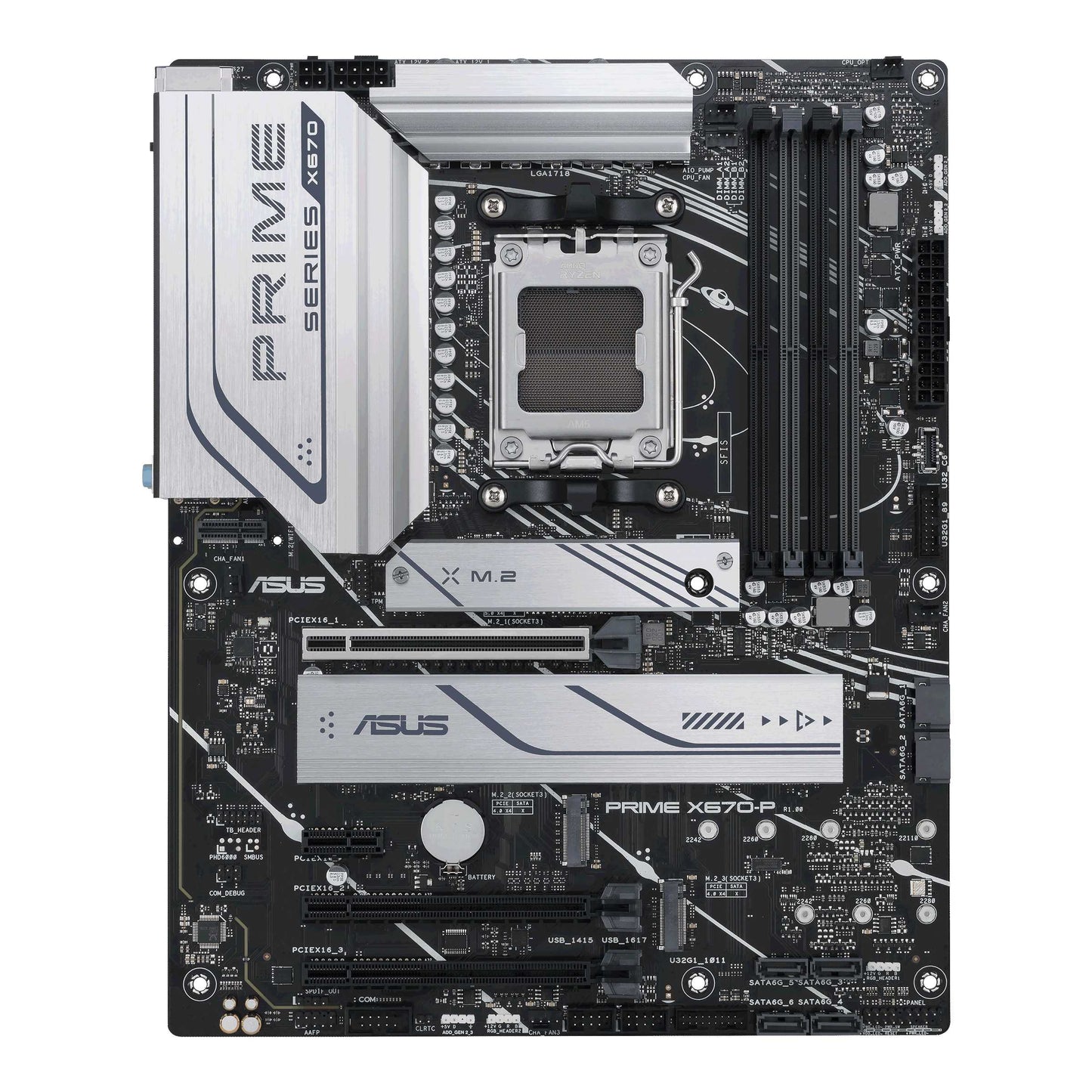 ASUS PRIME X670-P AM5; 4 x DIMM; Max. 128GB; DDR5; 1xDP; 1xHDMI; 3xPCIe4.0x16; 1xPCIe3.0x1; 3xM.2; 6xSATA; RAID; 30.5 cm x 24.4 cm. | dynacor.co.za