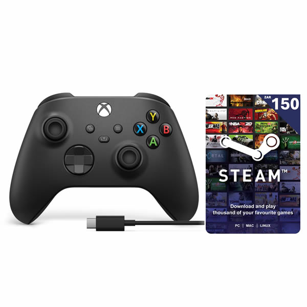 XBOX Carbon Black Controller + USB-C Cable + R150 Steam Voucher | dynacor.co.za