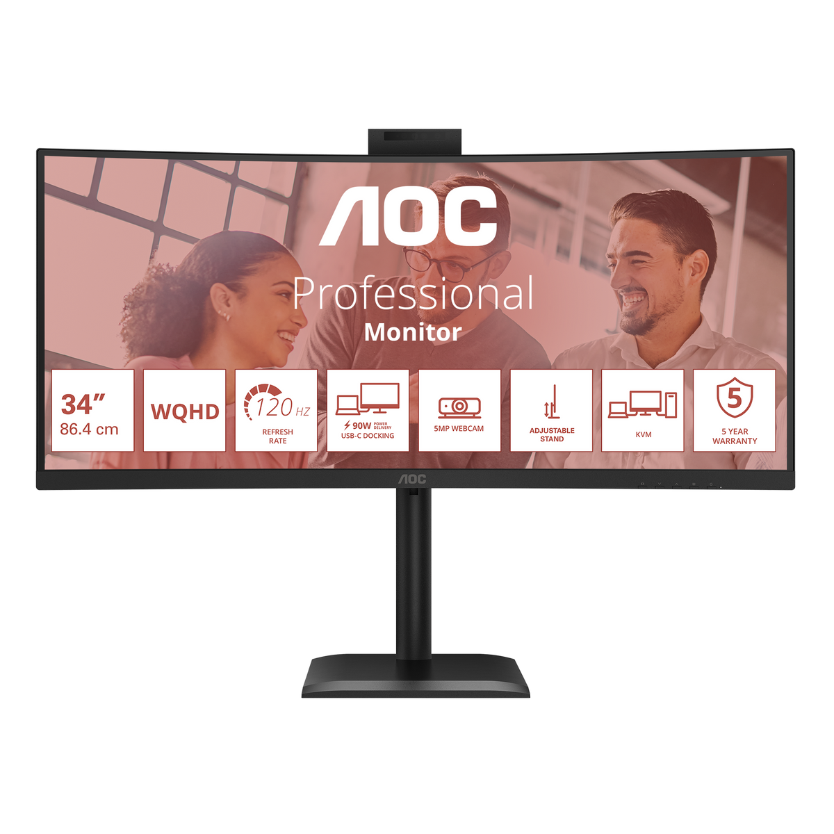 AOC CU34E4CW 34''W WQHD|VA; 60Hz|HDR10; SPK;HAS|1H1DP2USB-C(90W)|OTA/OTG; WebCam|3YR Warranty. | dynacor.co.za