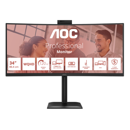 AOC CU34E4CW 34''W WQHD|VA; 60Hz|HDR10; SPK;HAS|1H1DP2USB-C(90W)|OTA/OTG; WebCam|3YR Warranty. | dynacor.co.za