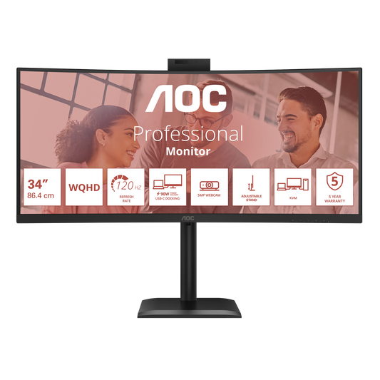 AOC CU34E4CW 34''W WQHD|VA; 60Hz|HDR10; SPK;HAS|1H1DP2USB-C(90W)|OTA/OTG; WebCam|3YR Warranty. | dynacor.co.za