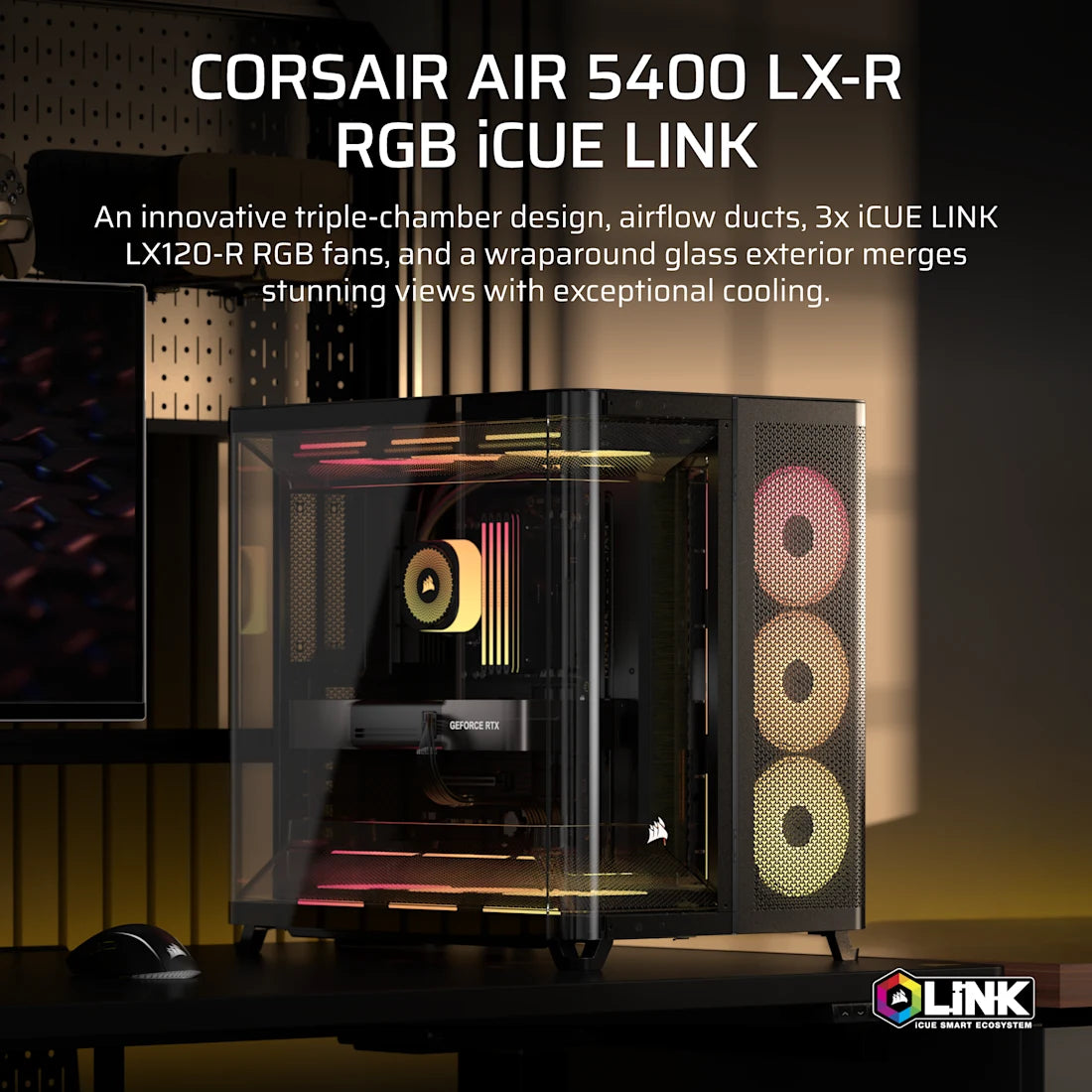 CORSAIR AIR 5400 LX-R RGB iCUE LINK Triple Chamber Mid-Tower PC Case ;3x Fans included;2x 2.5'' ; 1x 3.5'';  Black | dynacor.co.za