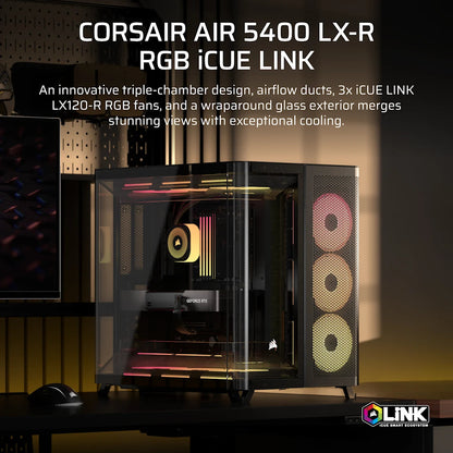 CORSAIR AIR 5400 LX-R RGB iCUE LINK Triple Chamber Mid-Tower PC Case ;3x Fans included;2x 2.5'' ; 1x 3.5'';  Black | dynacor.co.za