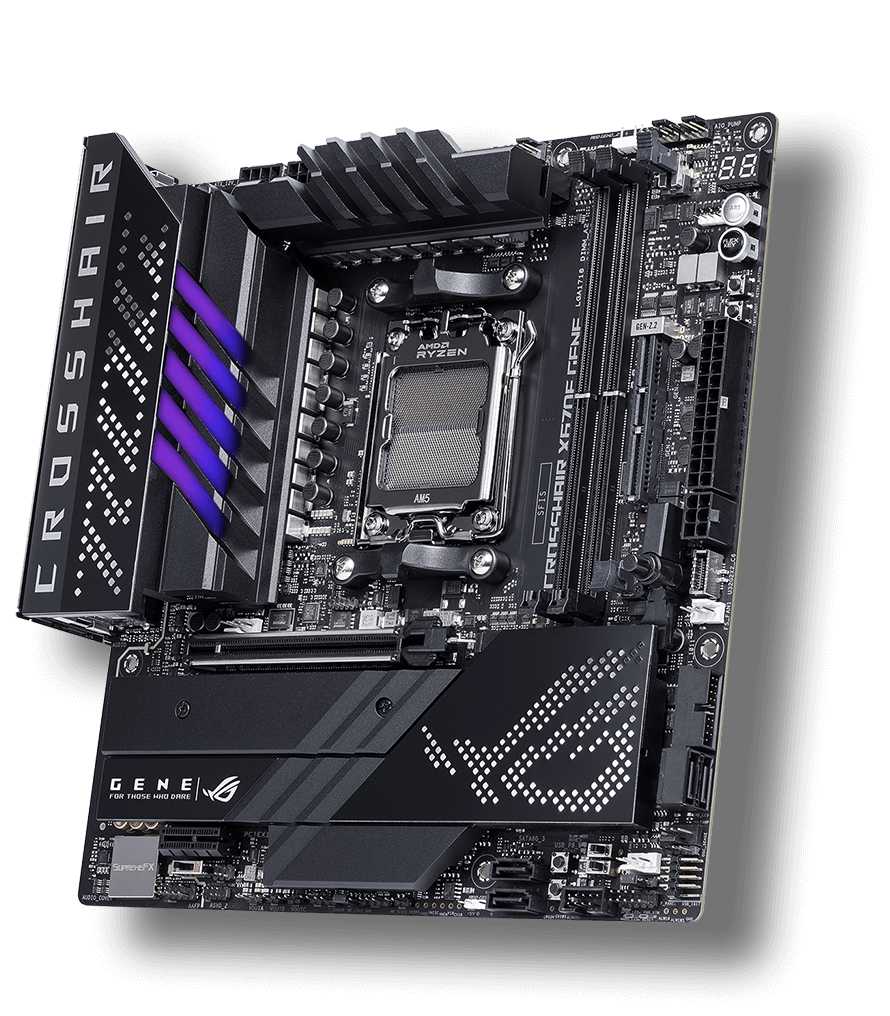 ASUS ROG CROSSHAIR X670E GENE AM5; 4x DIMM; max. 128GB; 2xPCIe 4.0 x16; 2xPCIe 3.0 x16; 1 x PCIe 3.0 x16; 1 x PCIe 3.0 x1; 5 x M.2; 6xSATA; 8xUSB; 2xType-C. | dynacor.co.za