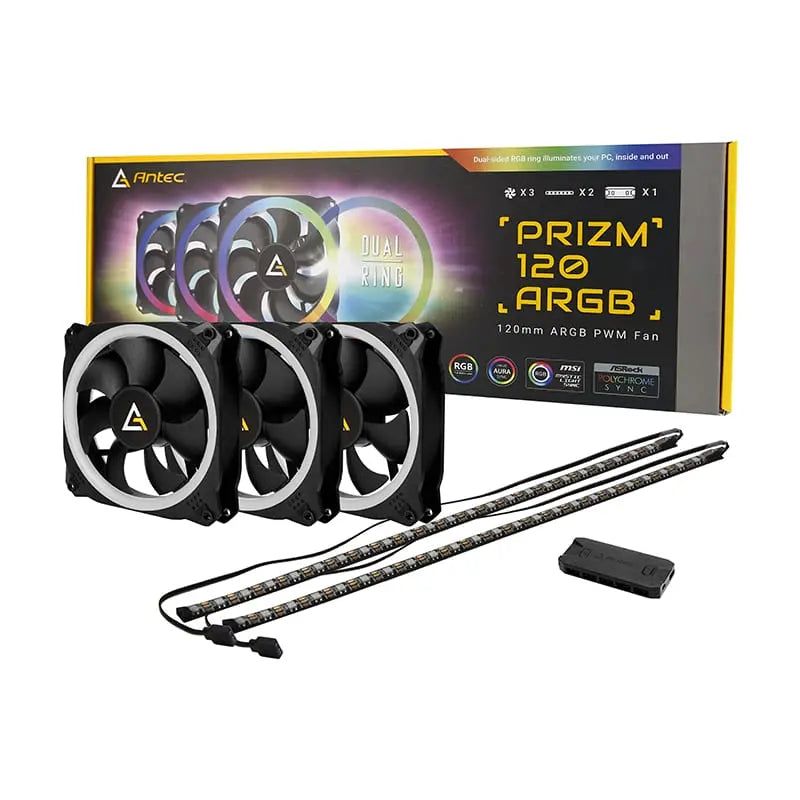 Antec PRIZM 120mm ARGB Case Fan 3 Pack with Controller and 2 LED Strips | dynacor.co.za