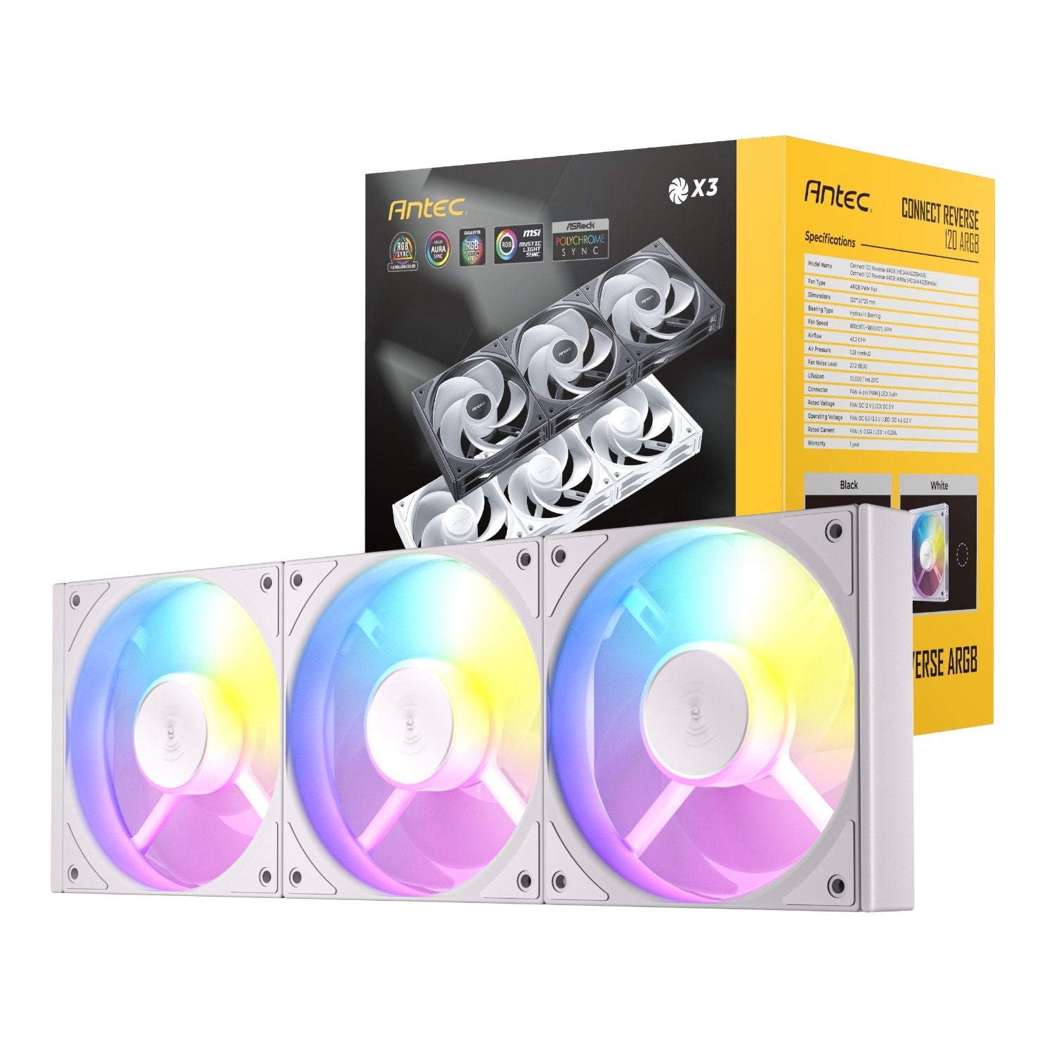 Antec Connect 120 Reverse ARGB PWM Fan 3 Pack – White | dynacor.co.za