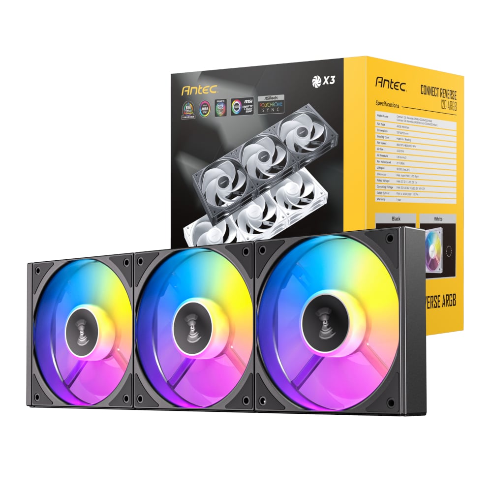 Antec Connect 120 Reverse ARGB PWM Fan 3 Pack - Black | dynacor.co.za