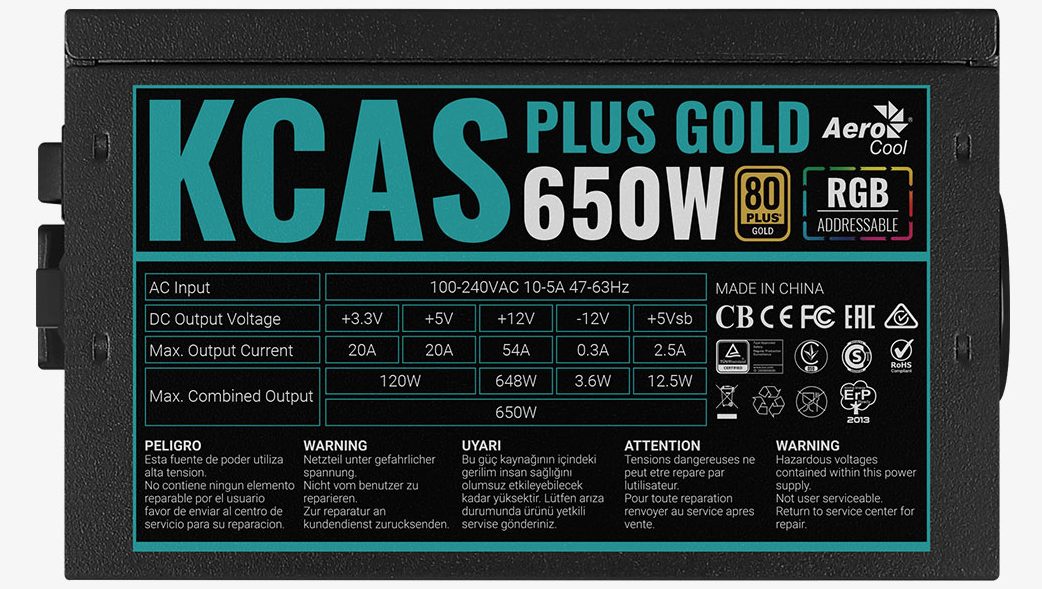 Aerocool KCAS PLUS Gold 650W RGB PSU - ATX 24 PIN; 2x 4+4PIN CPU; 6x SATA; 3x PATA; 2x PCIe 6+2PIN. | dynacor.co.za