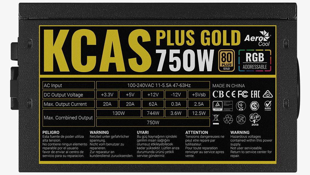 Aerocool KCAS PLUS Gold750W RGB PSU - ATX 24 PIN; 2x 4+4PIN CPU; 8x SATA; 4x PATA; 3x PCIe 6+2PIN. | dynacor.co.za