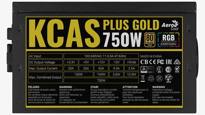 Aerocool KCAS PLUS Gold750W RGB PSU - ATX 24 PIN; 2x 4+4PIN CPU; 8x SATA; 4x PATA; 3x PCIe 6+2PIN. | dynacor.co.za