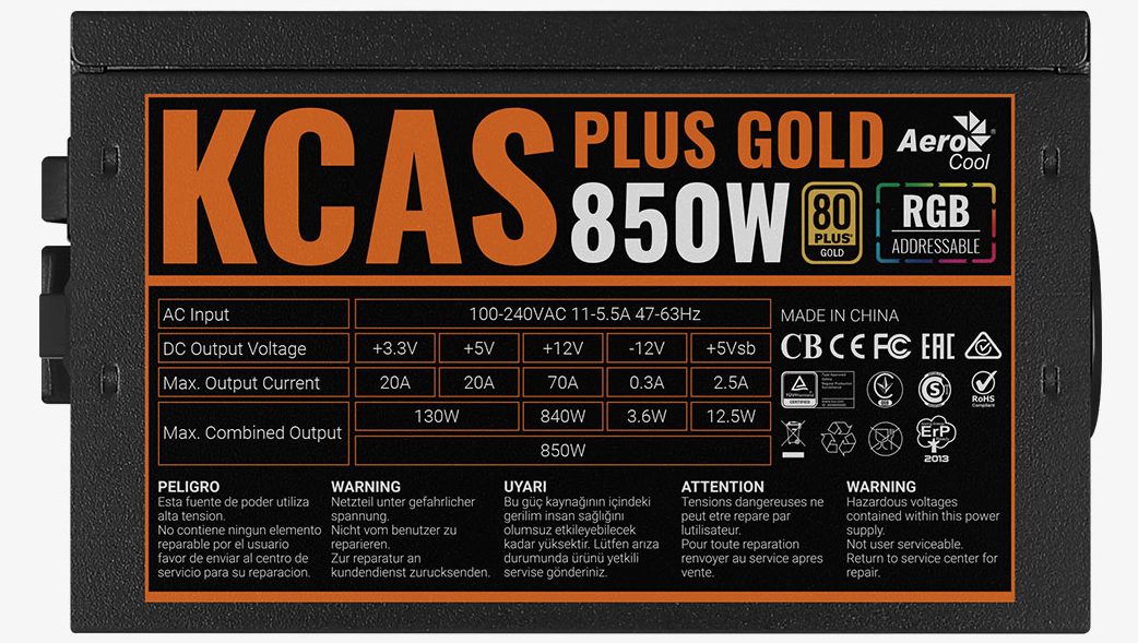 Aerocool KCAS PLUS Gold 850W RGB PSU - ATX 24 PIN; 2x 4+4PIN CPU; 8x SATA; 4x PATA; 3x PCIe 6+2PIN. | dynacor.co.za