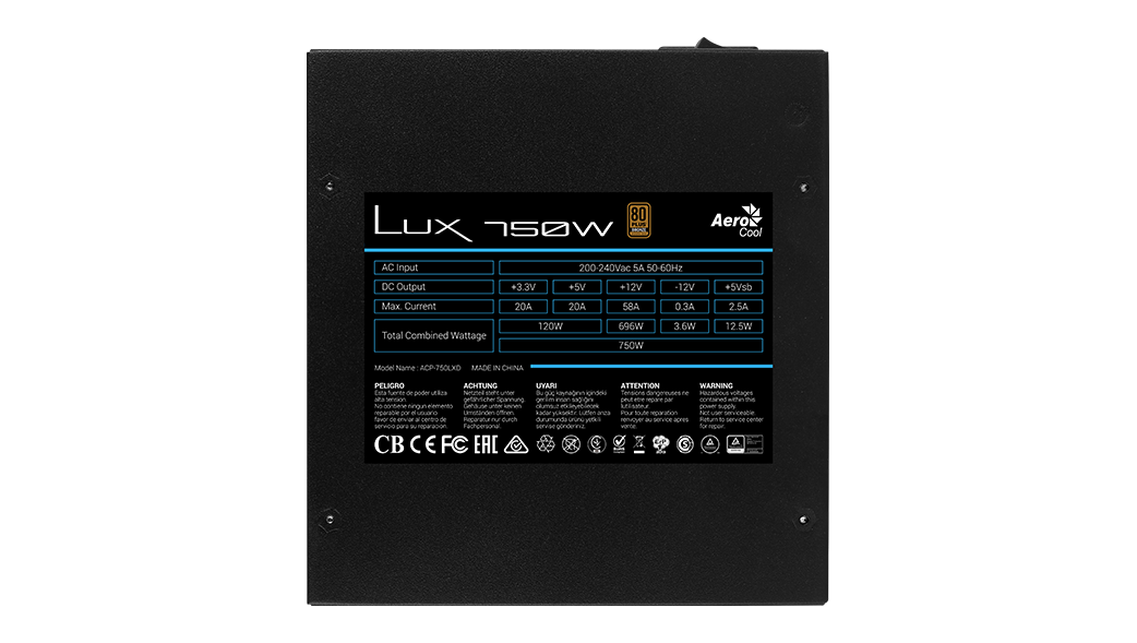 Aerocool LUX Bronze 750W  PSU - ATX 24 PIN; 1x 4+4PIN CPU; 5x SATA; 4x PATA; 2x PCIe 6+2PIN. | dynacor.co.za