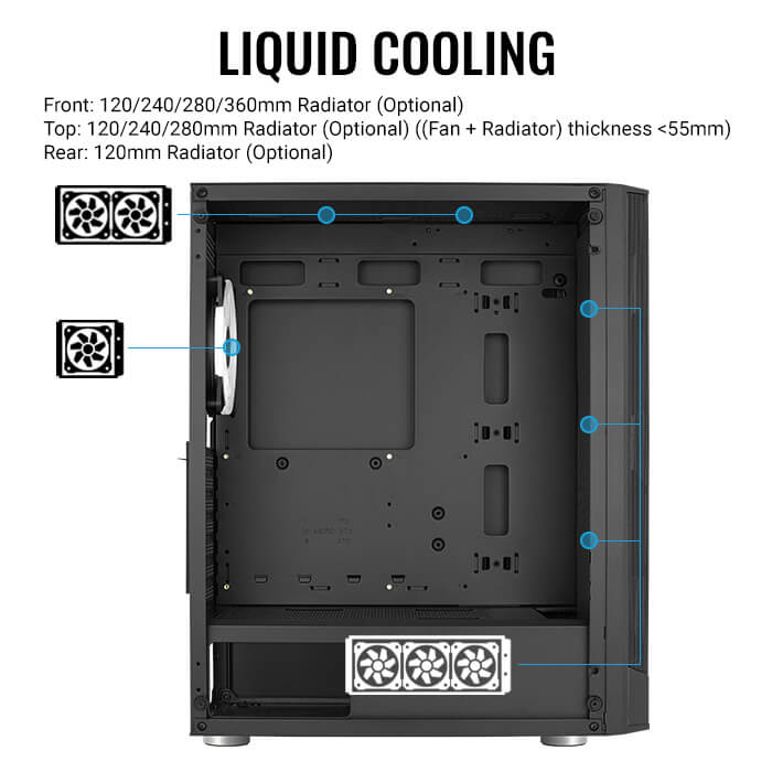 Aerocool Prism ARGB Black Mid tower case - 120mm ARGB Fan x 4; 6-port ARGB control hub - ATX - 2x 2.5'' or 2x3.5'' - 360 Radiato | dynacor.co.za
