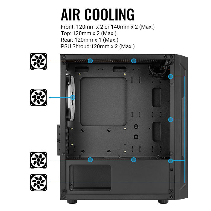 Aerocool Trinity Mini Black tower case - 2x 140mm and 1x 120mm RGB included - Micro ATX - 2x3.5'' or 3x 2.5'' - 240mm radiator | dynacor.co.za