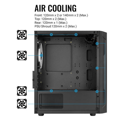 Aerocool Trinity Mini Black tower case - 2x 140mm and 1x 120mm RGB included - Micro ATX - 2x3.5'' or 3x 2.5'' - 240mm radiator | dynacor.co.za