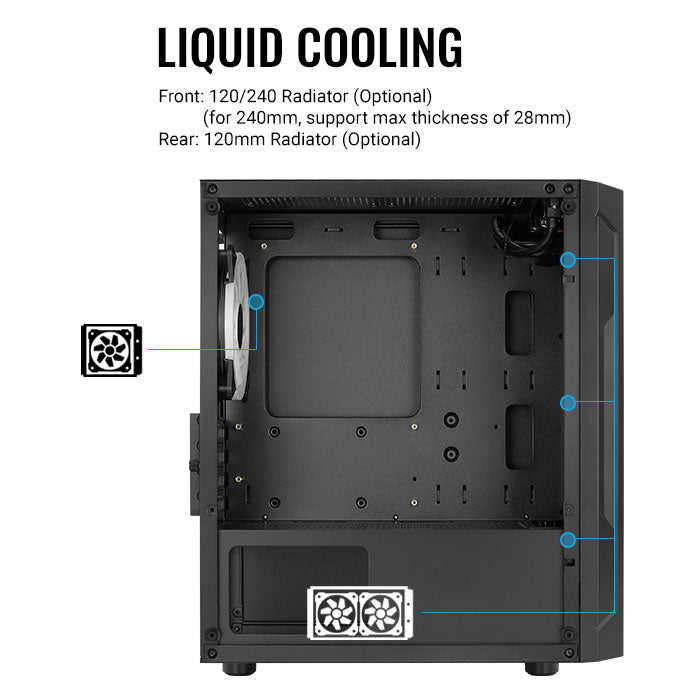 Aerocool Trinity Mini Black tower case - 2x 140mm and 1x 120mm RGB included - Micro ATX - 2x3.5'' or 3x 2.5'' - 240mm radiator | dynacor.co.za