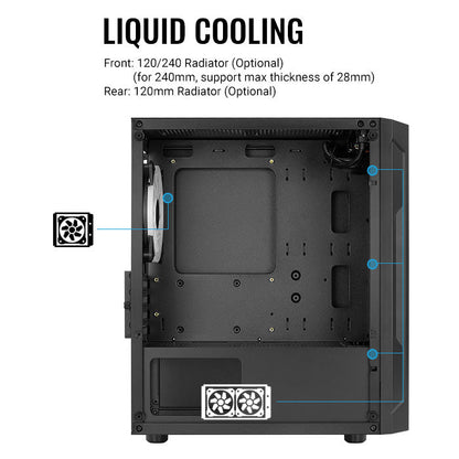 Aerocool Trinity Mini Black tower case - 2x 140mm and 1x 120mm RGB included - Micro ATX - 2x3.5'' or 3x 2.5'' - 240mm radiator | dynacor.co.za