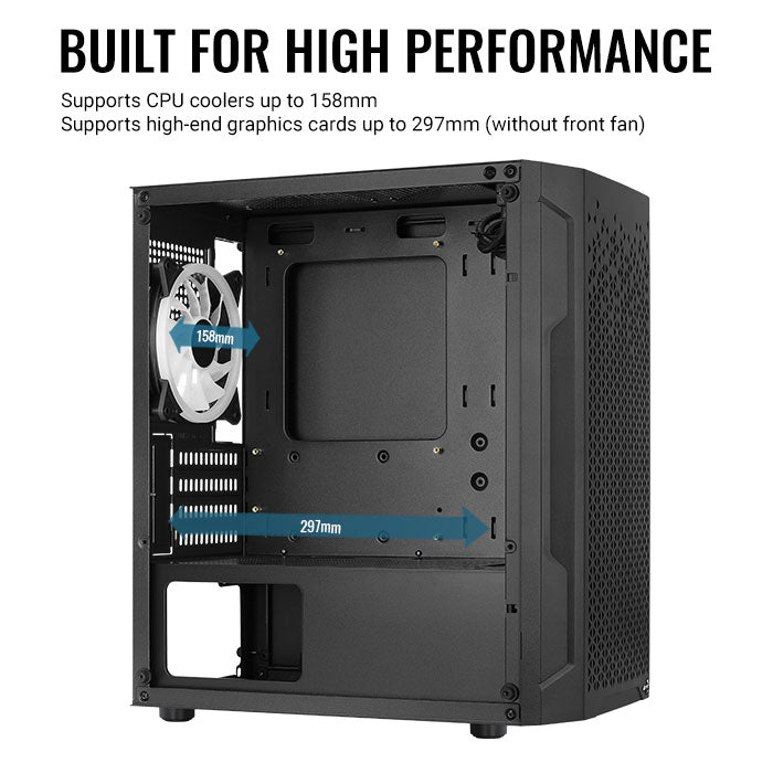 Aerocool Trinity Mini Black tower case - 2x 140mm and 1x 120mm RGB included - Micro ATX - 2x3.5'' or 3x 2.5'' - 240mm radiator | dynacor.co.za