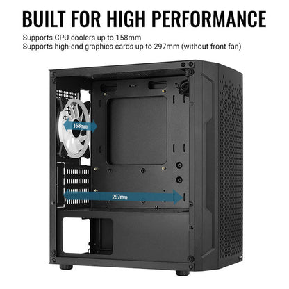 Aerocool Trinity Mini Black tower case - 2x 140mm and 1x 120mm RGB included - Micro ATX - 2x3.5'' or 3x 2.5'' - 240mm radiator | dynacor.co.za
