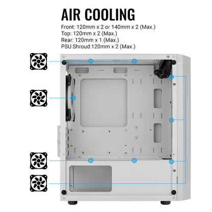 Aerocool Trinity Mini White tower case - 2x 140mm and 1x 120mm RGB included - Micro ATX - 2x3.5'' or 3x 2.5'' - 240mm radiator | dynacor.co.za
