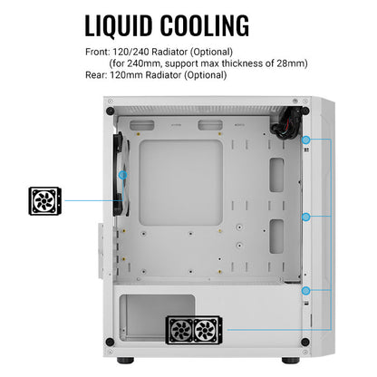 Aerocool Trinity Mini White tower case - 2x 140mm and 1x 120mm RGB included - Micro ATX - 2x3.5'' or 3x 2.5'' - 240mm radiator | dynacor.co.za