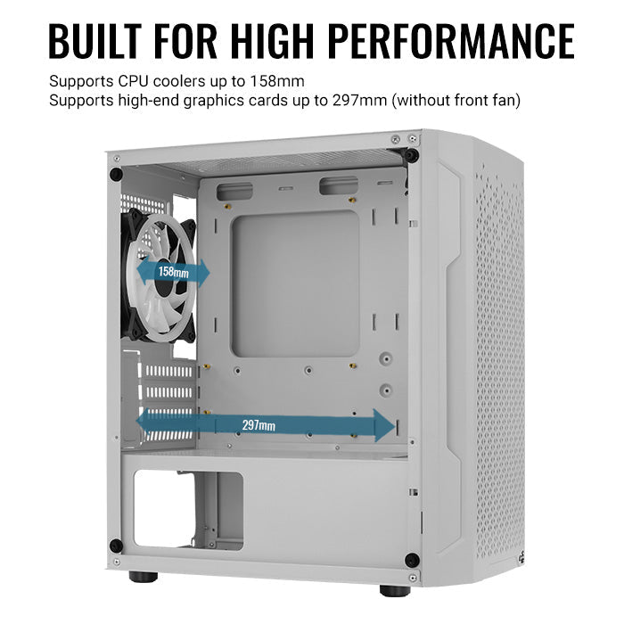 Aerocool Trinity Mini White tower case - 2x 140mm and 1x 120mm RGB included - Micro ATX - 2x3.5'' or 3x 2.5'' - 240mm radiator | dynacor.co.za