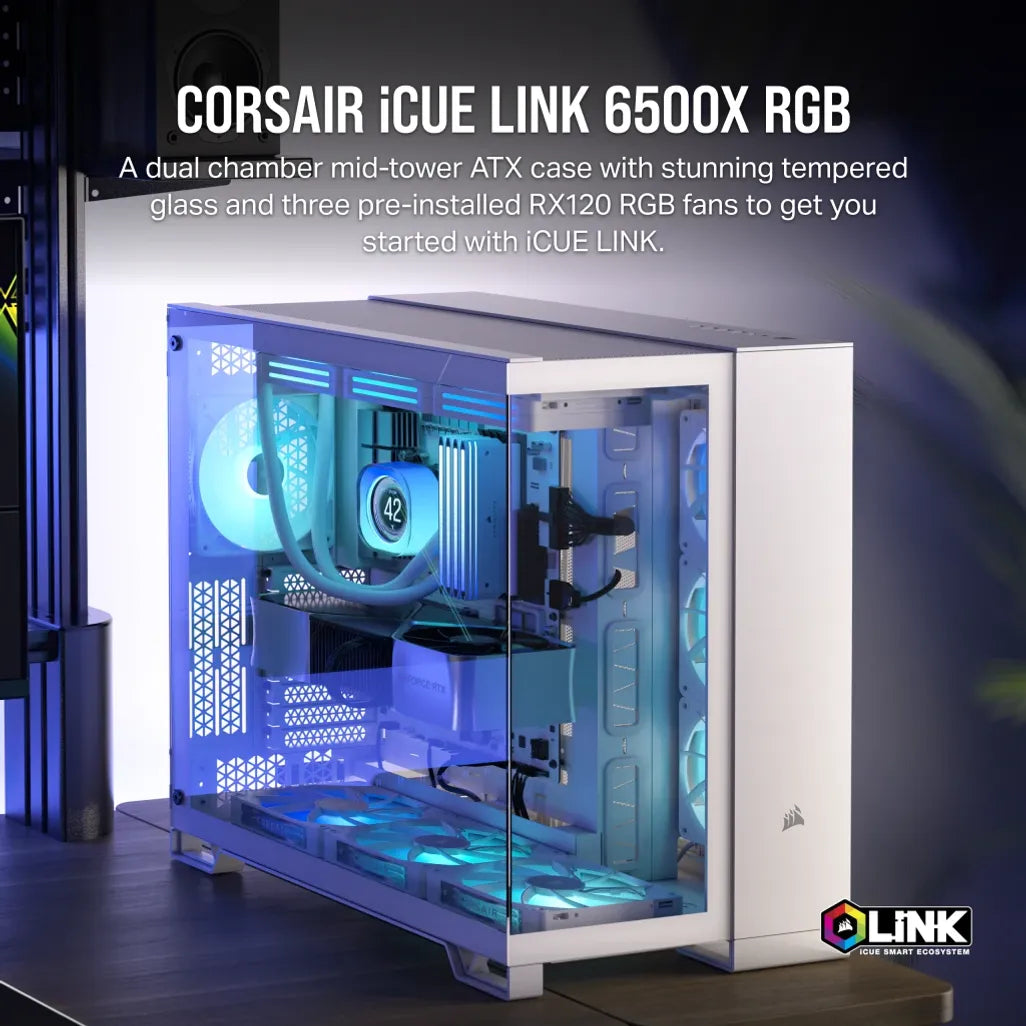 CORSAIR 6500X RGB Mid-Tower White Dual Chamber PC Case; 2x 3.5'' |  2x 2.5'' Drive Bays; 360mm Radiator compatible; 3x 120mm fan incl | dynacor.co.za