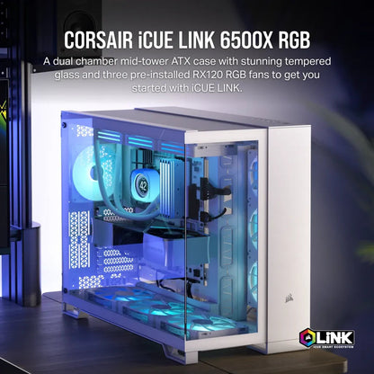 CORSAIR 6500X RGB Mid-Tower White Dual Chamber PC Case; 2x 3.5'' |  2x 2.5'' Drive Bays; 360mm Radiator compatible; 3x 120mm fan incl | dynacor.co.za