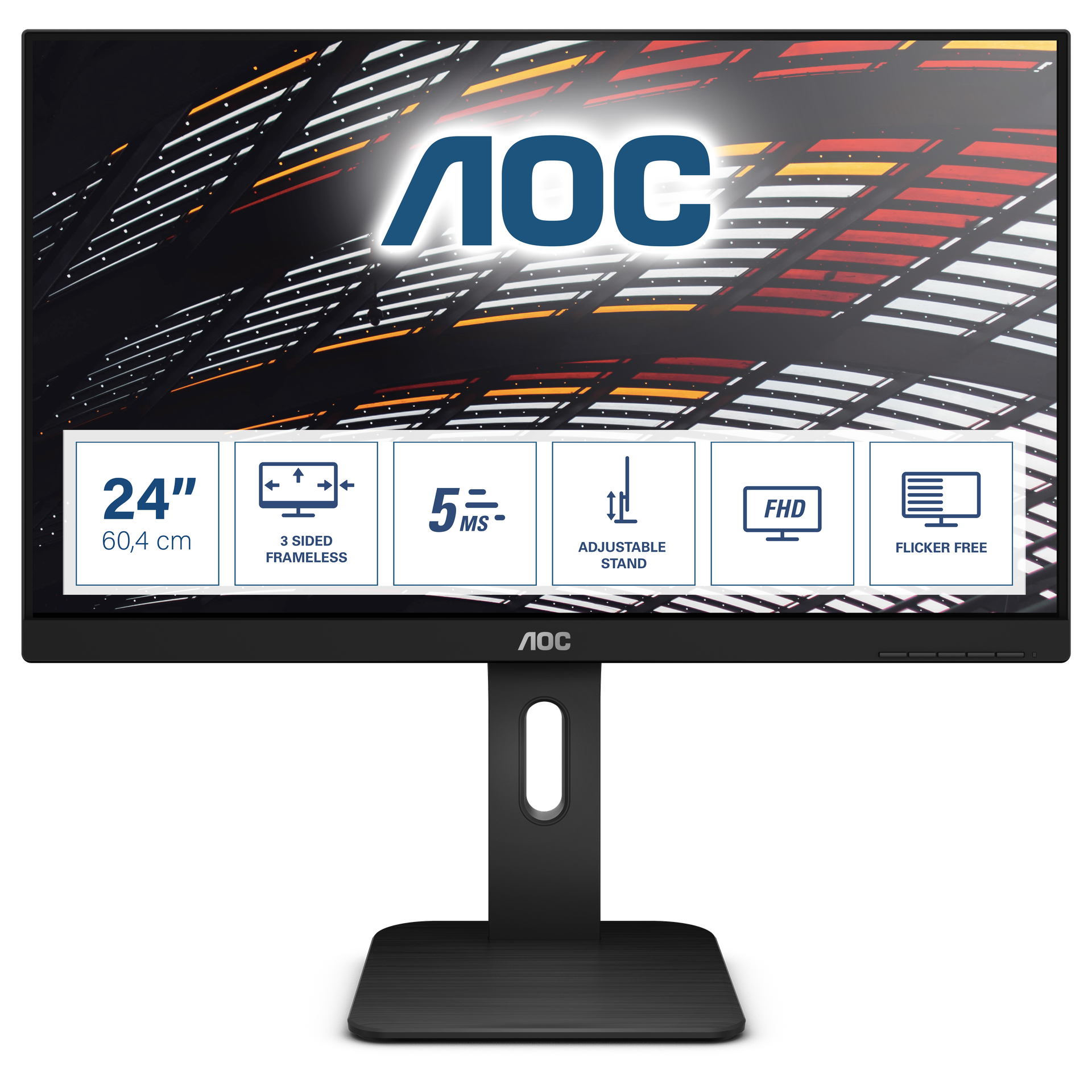 AOC Monitor 23.8” IPS Panel; 1920x1080@60Hz; HAS; HDMI; DisplayPort; VGA; USB 3.1; Flicker free; VESA; 4 year warranty | dynacor.co.za