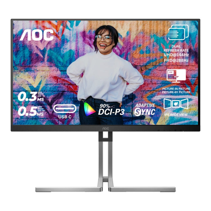 AOC U27U3XD Graphic Monitor|27 inch|IPS Dual refresh rate UHD144hz|FHD 288hz|USB-C 90W|Ergo stand|3YR Warranty | dynacor.co.za
